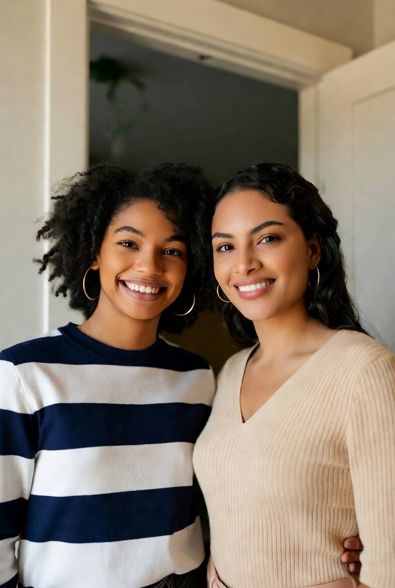 two girls are smiling